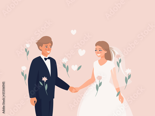 Vector ilustration of blonde bride and groom hold each other's hands