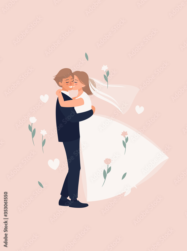 vector illustration of blonde bride and groom kissing and cuddling