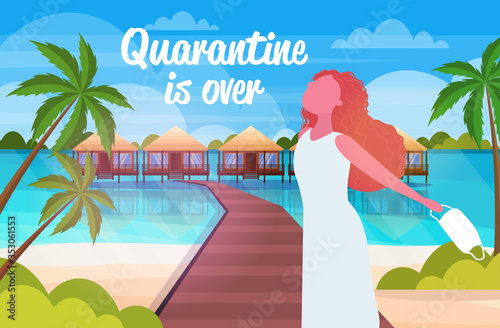 girl taking off medical mask coronavirus quarantine is ending victory over covid-19 concept summer vacation on tropical beach horizontal portrait vector illustration
