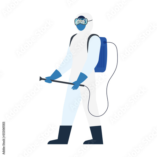 person with protective suit for spraying viruses of covid 19, disinfection virus concept vector illustration design