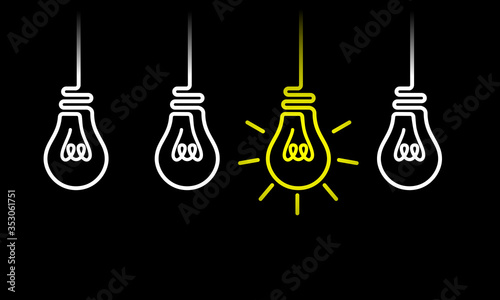 Set of hanging light bulbs from the ceiling with one glowing. Flat vector light bulb icons with concept of idea