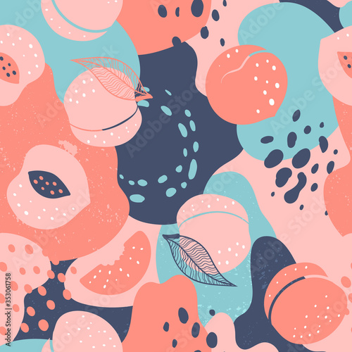  Doodle peach and abstract elements. Vector seamless pattern. Hand drawn illustrations.