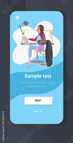 girl engineer or designer sitting at workplace using laptop modern architect office with adjustable drawing desk smartphone screen mobile app full length copy space vector illustration
