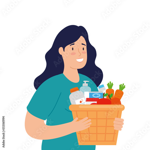 young woman and basket with food and groceries on white background vector illustration design