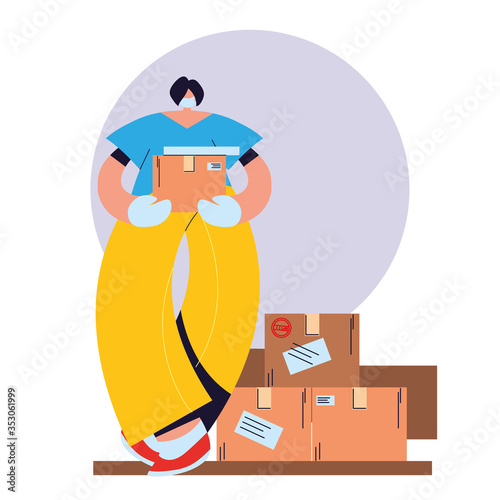 woman with mask, gloves and shipping packages