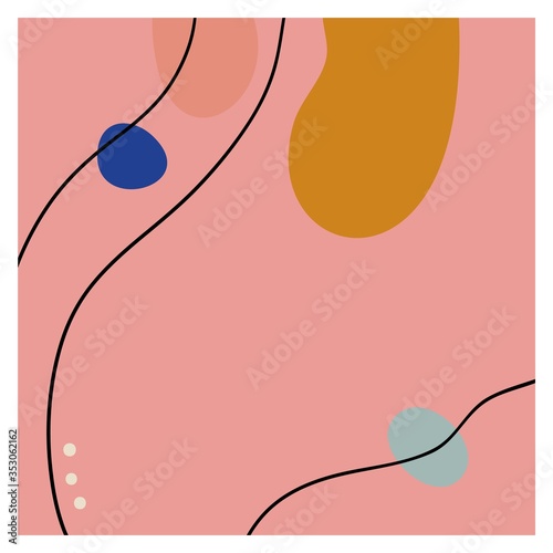 Square background with black line and abstract oval color shapes. Hand drawn various shapes and doodle objects. Modern trendy vector illustration. Delicate pastel colors.Stock illustration.Copy space