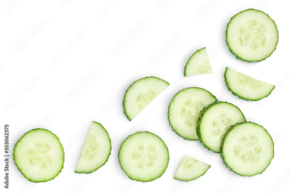 Sliced cucumber isolated on white background with clipping path and full depth of field, Top view with copy space for your text. Flat lay Sliced cucumber isolated on white background with clipping path and full depth of field, Top view with copy space for your text. Flat lay