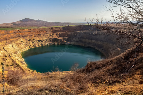 Abandoned non-ferrous metal career. One of the most dangerous places in Bulgaria. The deadly water of an abandoned quarry. Tsar Assen.