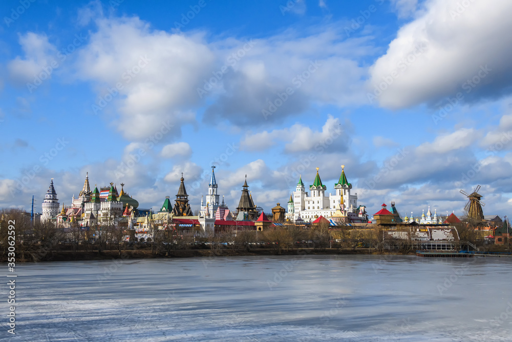 Moscow, Russia, February 2020. Panoramic view of the Izmailovsky Kremlin in Moscow.