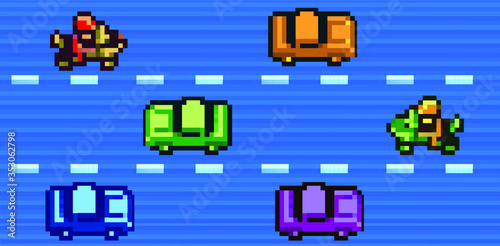 8bit retro pixel art illustration with cars on the road