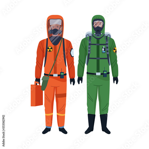 workers wearing biosafety suits characters