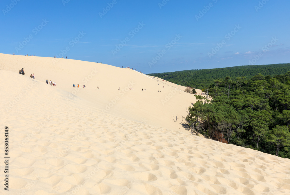 People walking on the top of the Dune of Pilat, the tallest sand dune in Europe. La Teste-de-Buch, Arcachon Bay, Aquitaine, France