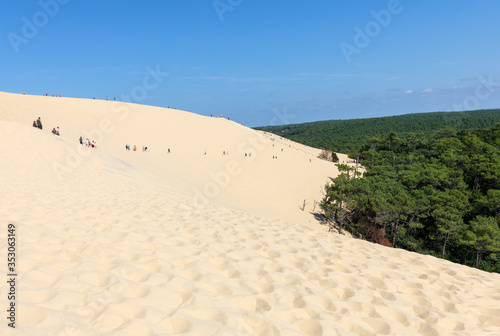 People walking on the top of the Dune of Pilat, the tallest sand dune in Europe. La Teste-de-Buch, Arcachon Bay, Aquitaine, France