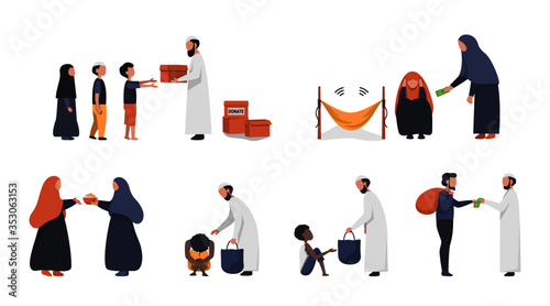 People are donating giving various types of people as prescribed by Islam. Practice during Ramadan. Illustration about Muslim donations.