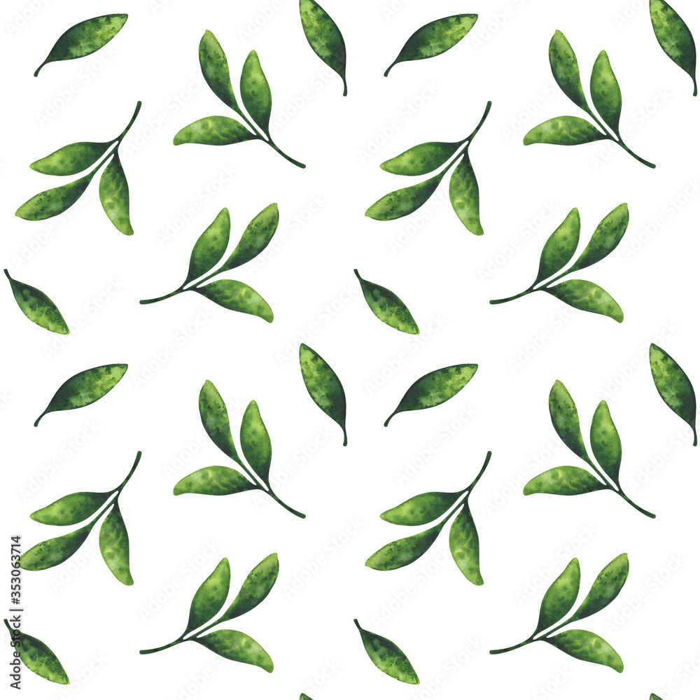 Green leaf. Seamless pattern with a watercolor illustration on a white background. Eco-friendly plant ornament. Minimalistic, chaotic pattern for a stylish print. Green leaf. Seamless pattern with a watercolor illustration on a white background. Eco-friendly plant ornament. Minimalistic, chaotic pattern for a stylish print.