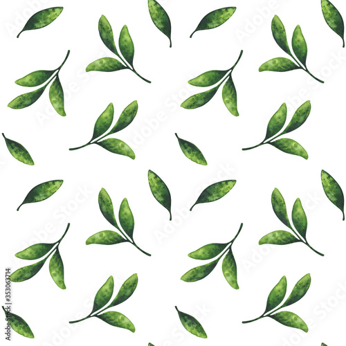 Green leaf. Seamless pattern with a watercolor illustration on a white background. Eco-friendly plant ornament. Minimalistic, chaotic pattern for a stylish print. © Анна Сухова