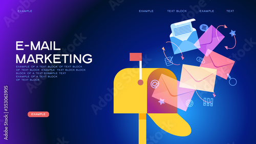 E-mail concept . Marketing e-mail . Mailbox and colored envelopes surrounded by icons . File is saved in AI10 EPS version. This illustration contains a transparency 