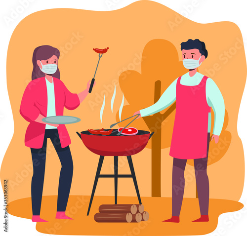 Man and woman are having bbq outdoor together while using medical mask