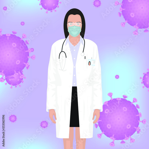 Girl a doctor in a medical mask and glasses with a virus in the background. Illustration of a medical worker in a medical mask for protection against viruses.