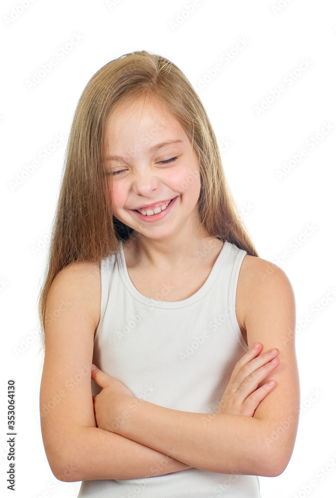 Young cute laughing girl with long light brown hair isolated on white background Young cute laughing girl with long light brown hair isolated on white background