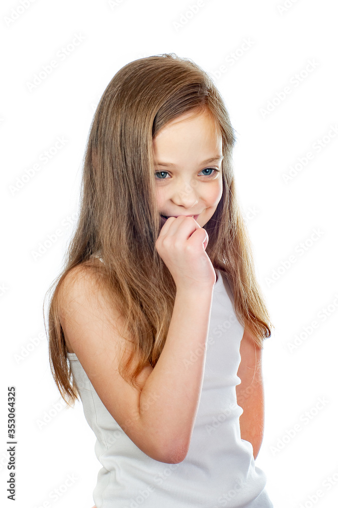 Young cute smiling girl with grey blue eyes and long light brown hair isolated on white background Young cute smiling girl with grey blue eyes and long light brown hair isolated on white background