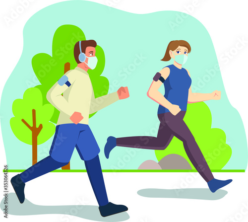Man and woman are jogging together while using medical mask