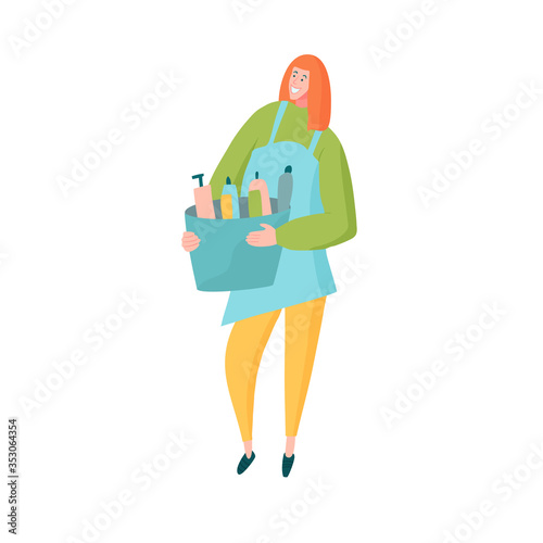 Housekeeper lady in apron holding bucket with cleaning supplies