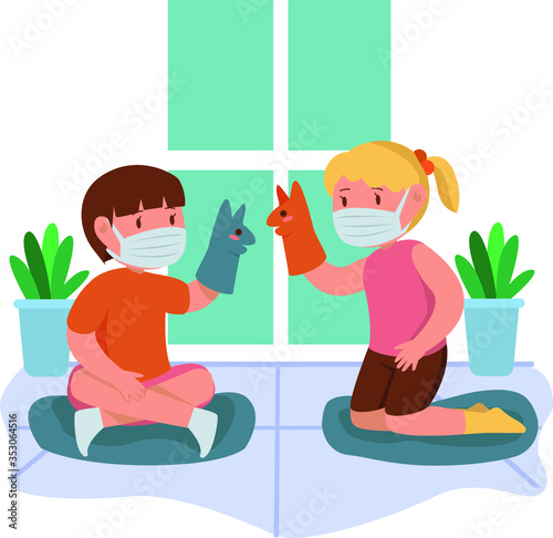 Kids are playing dolls together while using medical mask