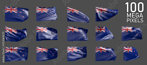a lot of various realistic renders of New Zealand flag isolated on grey background - 3D illustration of object