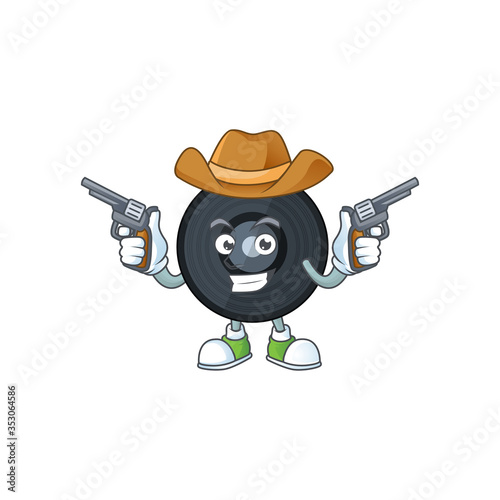 A masculine cowboy cartoon drawing of music viynl disc holding guns