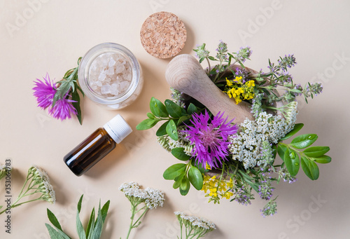 Alternative medicine concept. 
Making natural cosmetics. Top view.