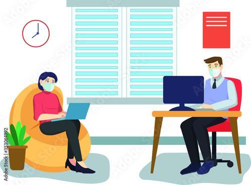 woman and man workers are keeping their distance in office
