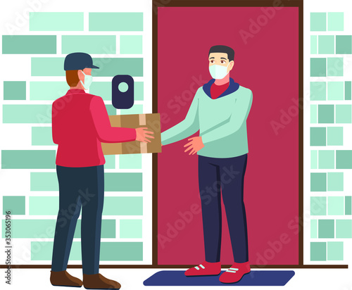 a delivery man delivering package to a man while keeping their safe distance