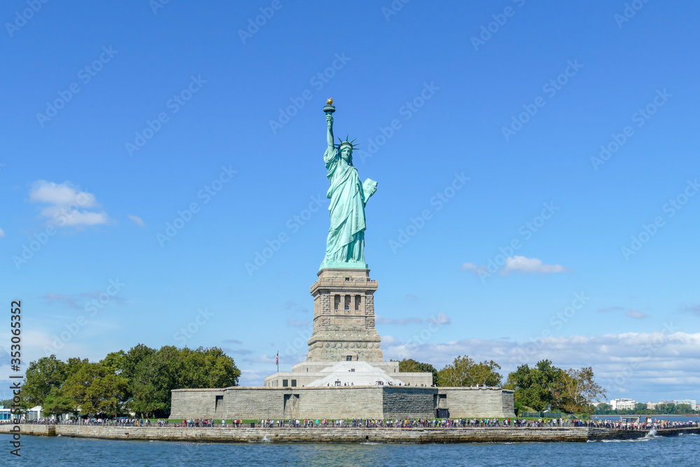 New York city Statue of Liberty on Liberty island. The Statue of Liberty is a neoclassical sculpture on Liberty Island in New York Harbor in New York, in the United States. National Monument, museum.