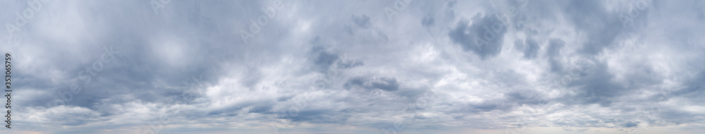Large panorama of cloudy gray sky with thick dense clouds.