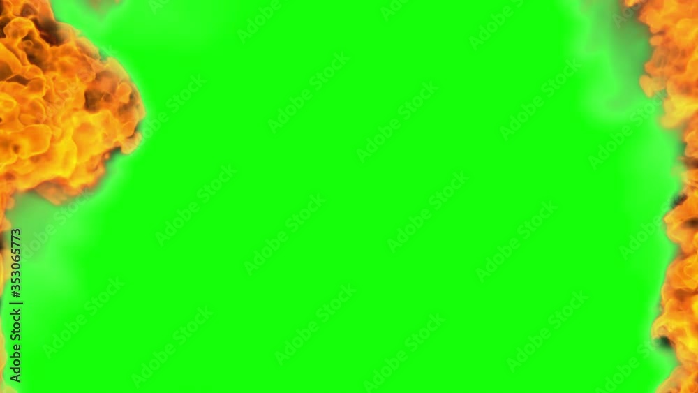 Huge fires with light smoke at screen borders - isolated on green screen for chromakey use - 4K UHD 60 FPS 3D animation