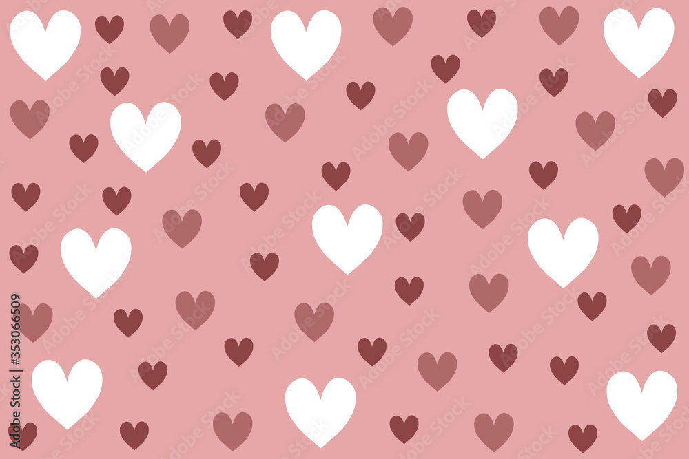 Many colorful hearts on pink background.