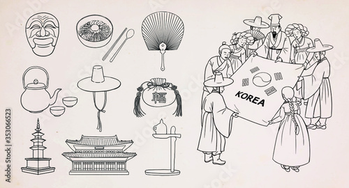 Set of Korean traditional objects. People wearing Korean traditional clothes(Hanbok). Vector illustration. 