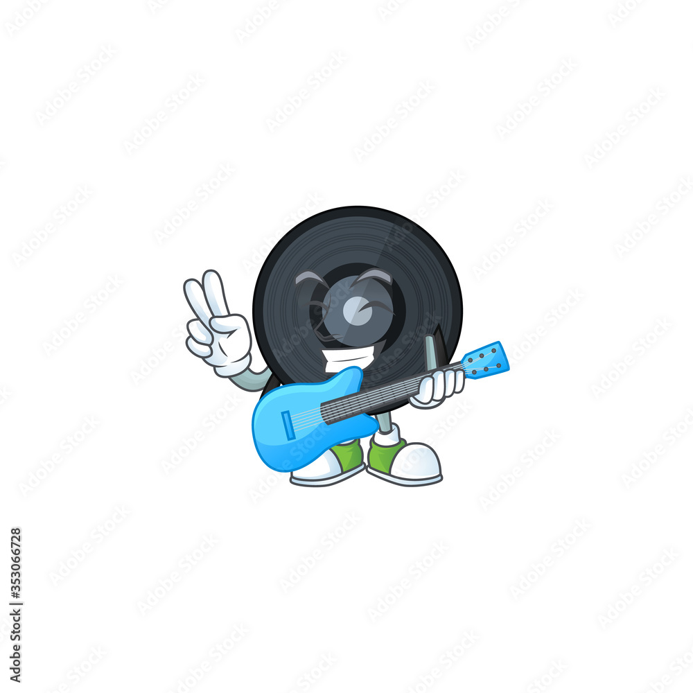 Music viynl disc cartoon character style plays music with a guitar