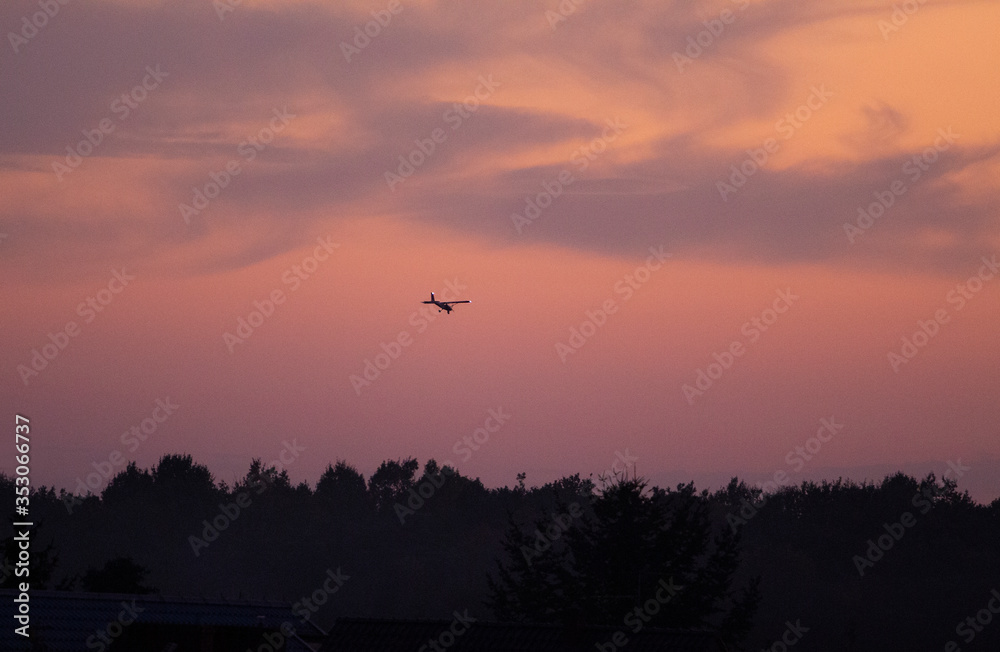 Purpurowy zachód słońca. Fragment tła lasu i  samolot wielozadaniowyю