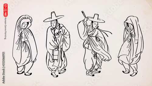 Korean traditional painting - Couples wearing Korean traditional clothes, Hanbok. Hand drawn / Vector illustration. 