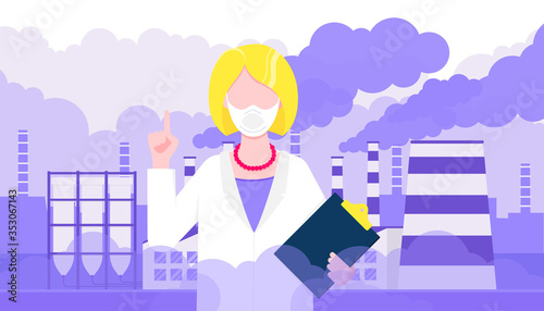Confused woman doctor in mask against smog. Fine dust, air pollution, industrial smog protection concept flat style design vector illustration. Industrial factory pipes with huge clouds of smoke.