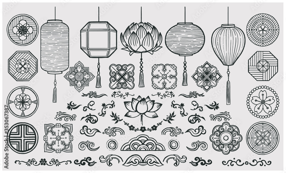 Set of hand drawn oriental elements. Asian lanterns and traditional patterns.