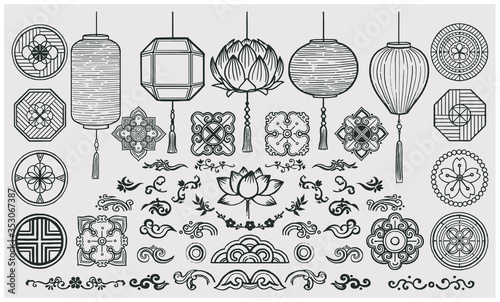 Set of hand drawn oriental elements. Asian lanterns and traditional patterns.