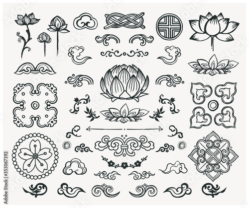 Set of hand drawn oriental elements. Black mandalas and lotus. Asian traditional design.  photo