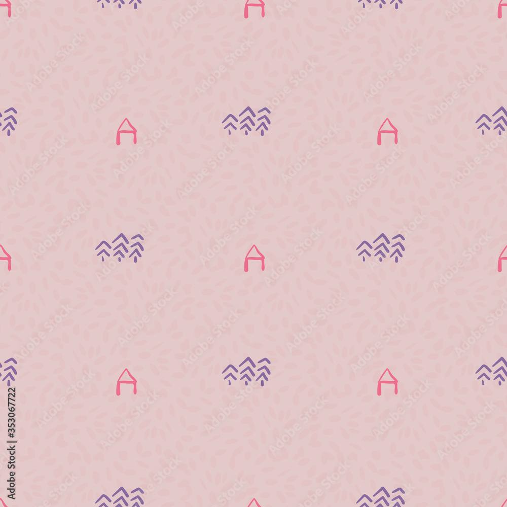 Cabins and trees seamless vector pattern. Simple doodle surface print design. For fabrics, stationery, and packaging.