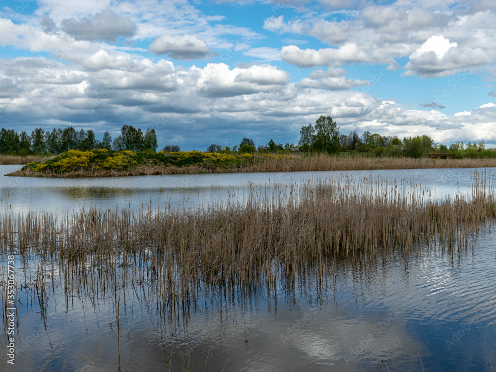 Fototapeta premium calm scene of beautiful sky with cumulus clouds reflection on the lake