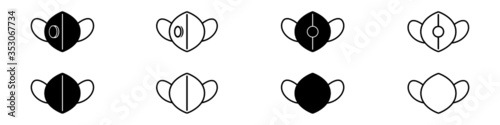 Set of N95 face mask icons. Protective FFP masks or respirators with and without valve. Vector Illustration