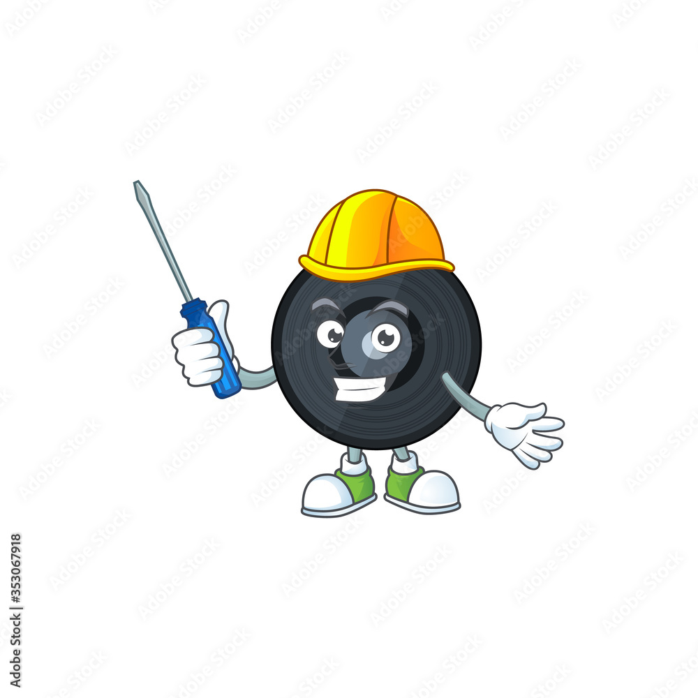 A cartoon image of music viynl disc in a automotive character A cartoon image of music viynl disc in a automotive character