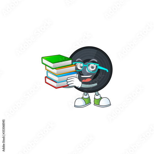 A mascot design of music viynl disc student having books
